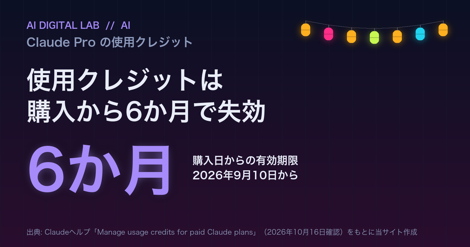一目カード。Claude Proなどの有料プランで買う使用クレジットは、2026年9月10日から、購入から6か月で失効する。
