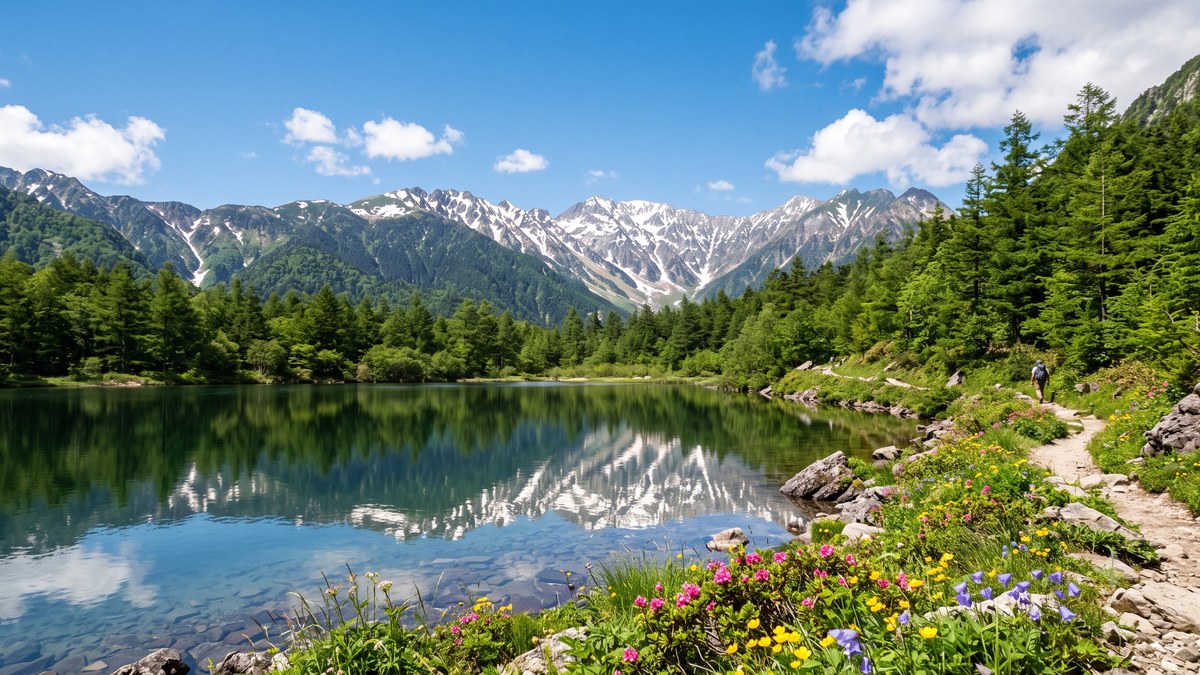 残雪の山並みを映す静かな湖と、湖畔の遊歩道を歩く登山者。手前には高山植物の花が咲いている