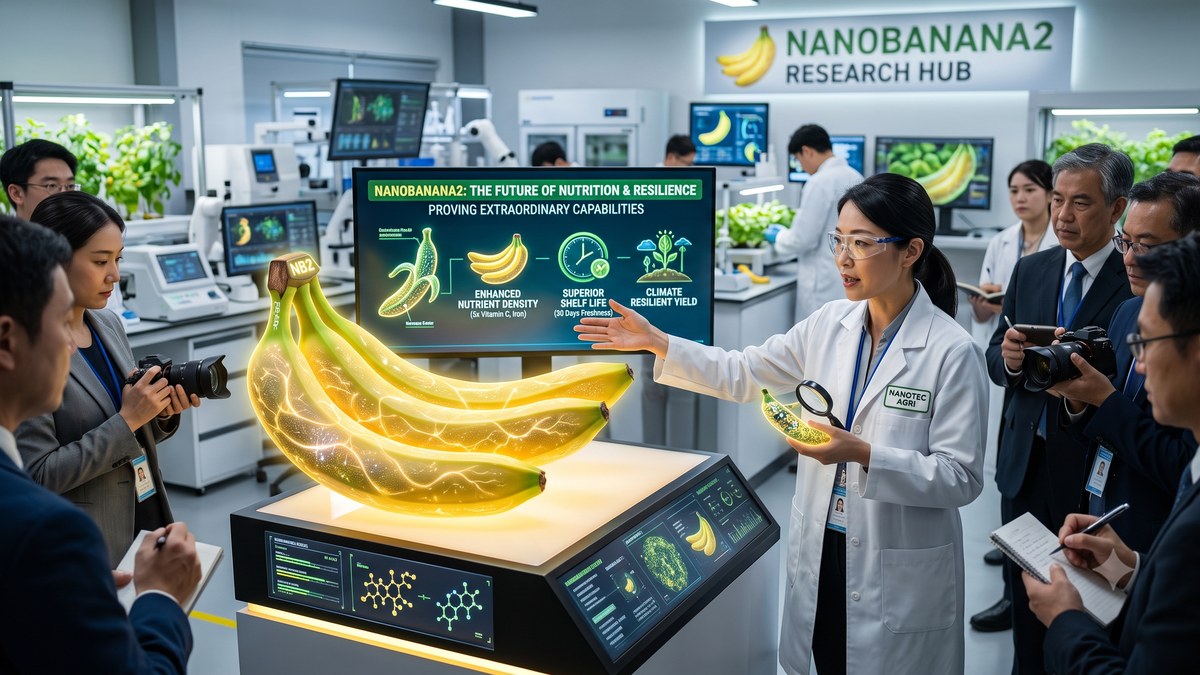 研究施設の発表会。大型モニターに「NANOBANANA2: THE FUTURE OF NUTRITION & RESILIENCE」と表示され、白衣の研究者が光るバナナの展示を説明している