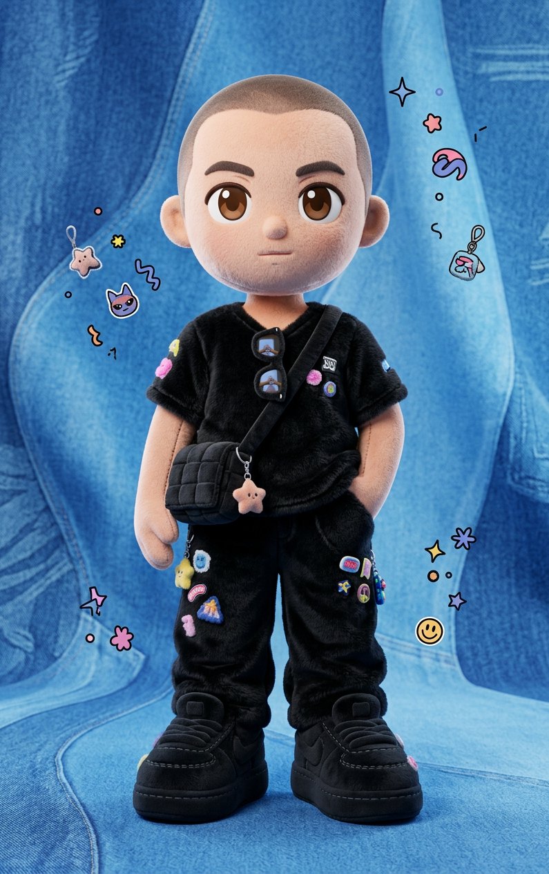 Avatar Stationで生成されたぬいぐるみ調のアバター。黒のTシャツとパンツ、胸元のサングラス、ショルダーバッグ、黒いスニーカーまで再現され、デニム地の背景にステッカーが散らしてある