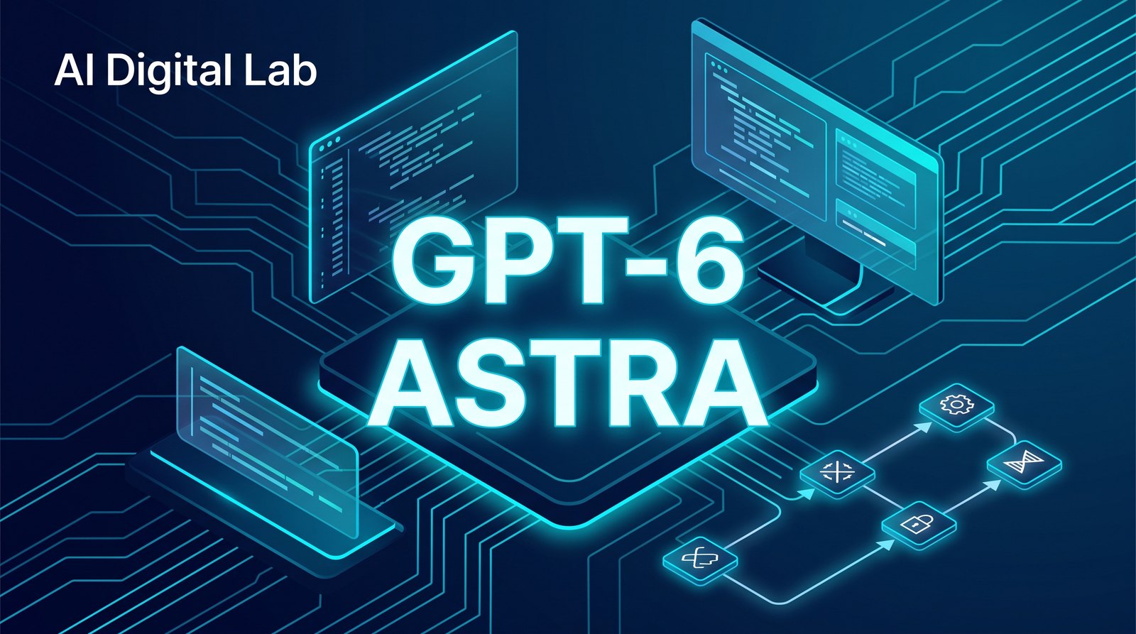 「GPT-6 ASTRA」の文字を中央に置いた、当サイト作成のイメージ画像。青緑の回路パターンの上に、コードを表示したモニターとノートPC、処理の流れを表すアイコンが並んでいる