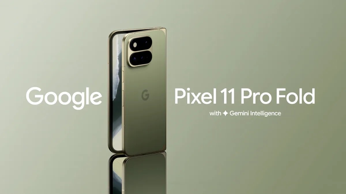 折りたたんだ状態のGoogle Pixel 11 Pro Fold（Olive）