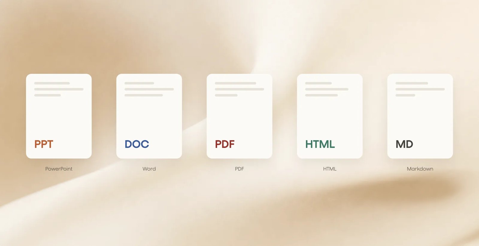 Plaud Agentが作れる資料の形式を示す公式画像。PPT（PowerPoint）、DOC（Word）、PDF、HTML、MD（Markdown）の5つのファイルのアイコンが並んでいる